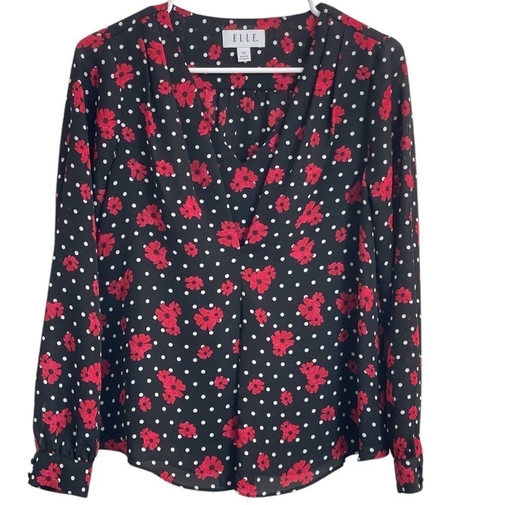 Elle Black Blouse with Red Floral and Polka Dot Print Long Sleeve Size Women XS